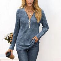 Women's Chest Zipper Pleated Long Sleeve T-Shirt Top Commute Style Iron-Free Processing Pure Color Other 100% Fabric