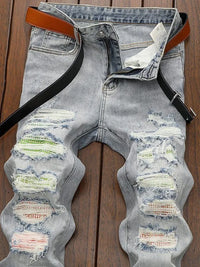 Spring and Autumn New Fashion Trend Sports Ripped Stretch Straight Leg Jeans Men's Casual Slim Breathable High-Quality Jeans