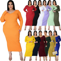 Plus Size Solid Color Long Sleeve Rib Pit Knit Cotton Mid-Calf Dress Women's Bottoming Long Dress Sexy Party Club Dresses