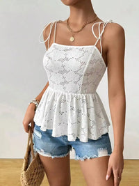 Women's Cami Top White Boho Eyelet Tank Top Strap Square Neck Peplum Hem Ruffle Spring Summer Casual Beach Vacation Blouse