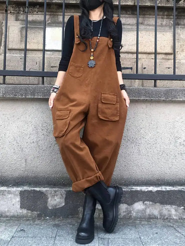 Fashion Women Jumpsuits Suspender Female Causal Loose Pocket Maxi Cargo Pants ZANZEA 2023 Spring Autumn Solid Rompers Overalls