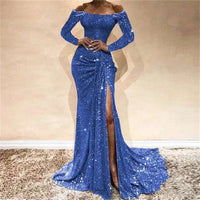 Women Fashion Sequins Prom Dress Sexy Off Shoulder Long Sleeve Party Dress Elegant High Side Split Mermaid Evening Gowns