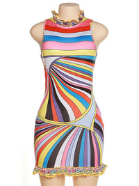 Sexy Colorful Print Bodycon Dress Women Sexy Sleeveless Laciness Patchwork Slim Mini Dresses Spring Aesthetic Party Clothes