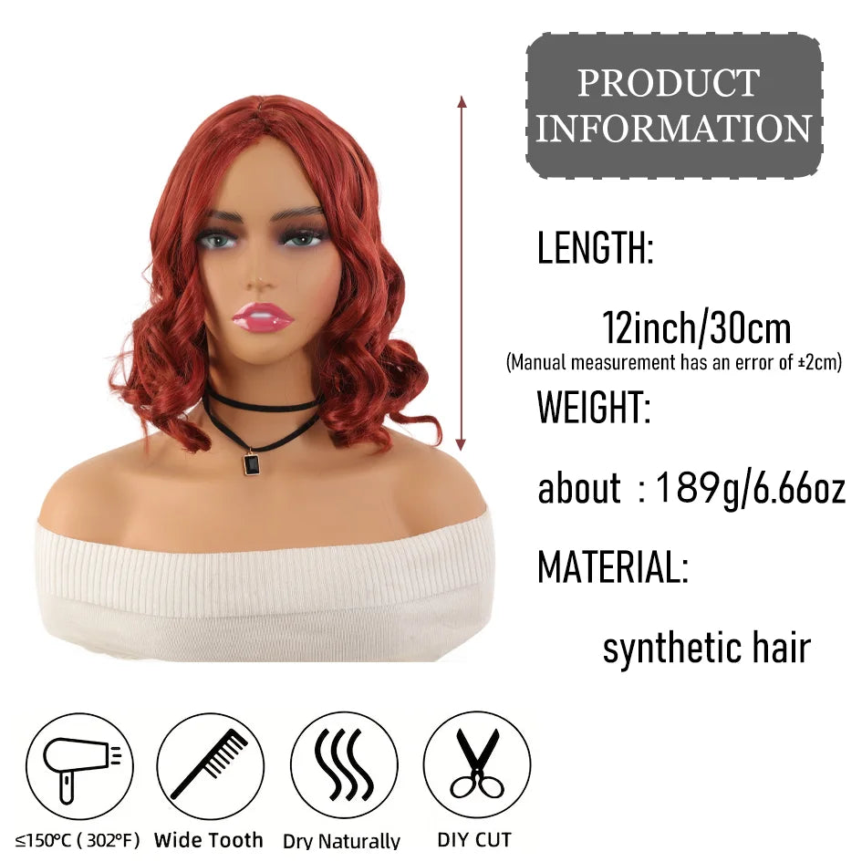 Red wig - Women's shoulder-length wig 12 "6.66oz large undulating synthetic mid-curl hair, daily Cosplay music festival