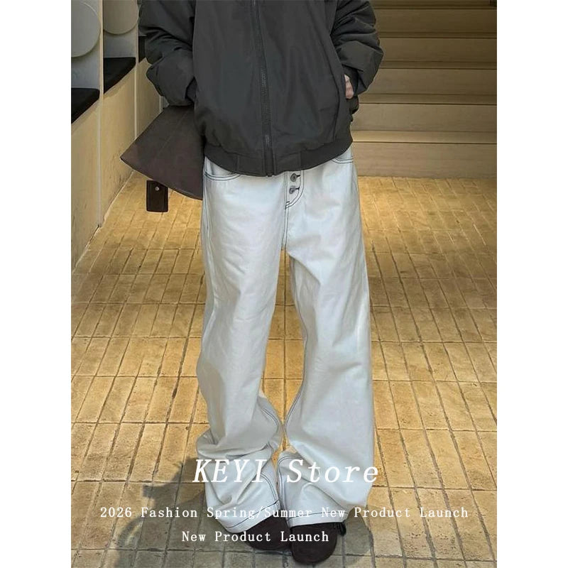 White Lined Wide Leg  Jeans Cleanfit Loose Straight Tube Micro Flared Pants Low Waist Zipper Closure Straight Leg