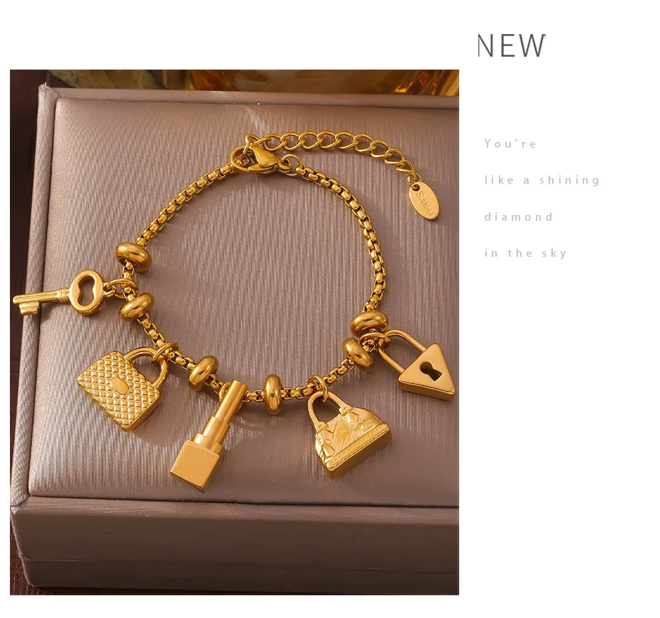 316L Stainless Steel Charm Bracelet For Women 18K Gold Plated Waterproof No Tarnish Women's Multiple Different Pendant Bracelets