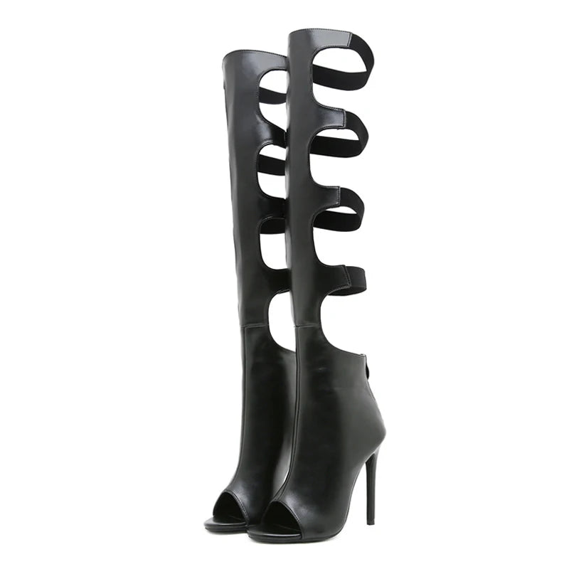 Liyke Sexy Peep Toe Zip Hollow Out Thigh High Boots Women Ballroom Latin Modern Tango Jazz Dancing Shoes Stiletto Heels Black
