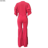 New Autumn Winter Women set Tracksuit O Neck Petal Sleeve Top Flare Pants Suit Two Piece Set Solid Night Club Outfits LS6326