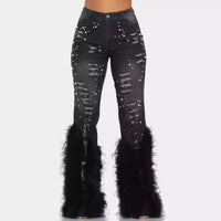 Tassel Holes Jeans Women's Vitnage Feather High Waist Y2K Streetwear Casual Denim Pant Spring Skinny Hollow Out Trousers