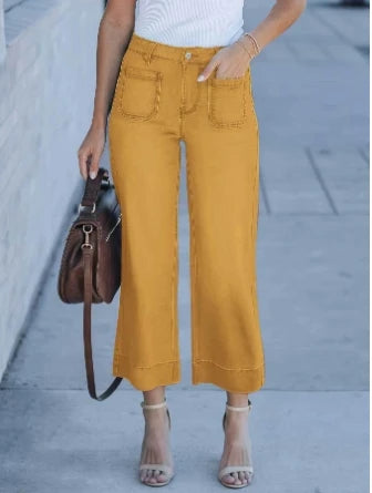 Casual Women Cropped Jeans Straight High Waist Solid Color Multi-Color Button Zipper Pocket Wide Leg Loose Washed Denim Trousers