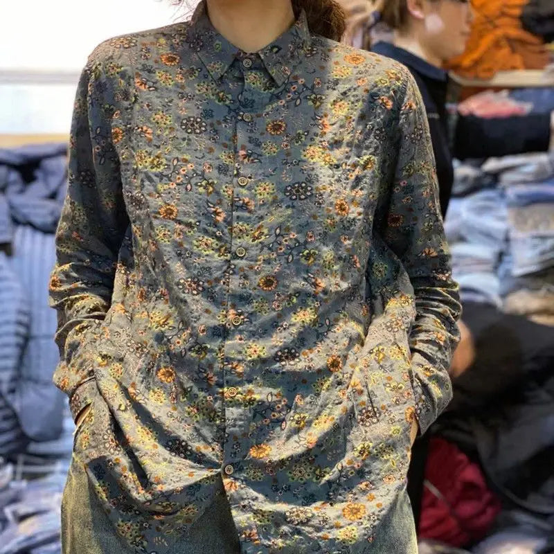 Cotton and Linen Spring New Artistic Retro Printed Shirts for Women Fashionable and Versatile Slimming Tops for Women