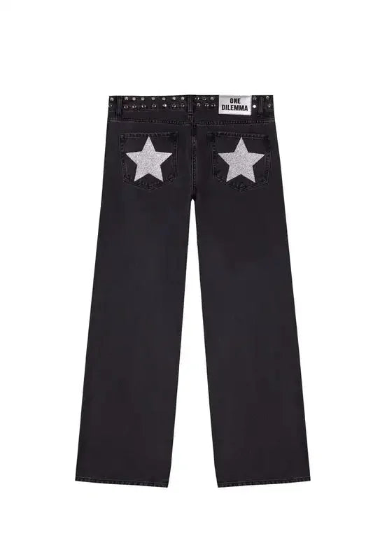 ONE DILEMMA American Fashion Jeans Womens Red Five Pointed Star Sequined Rivet Baggy Jeans Y2K Casual Mid Rise Slim Trousers