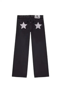 ONE DILEMMA American Fashion Jeans Womens Red Five Pointed Star Sequined Rivet Baggy Jeans Y2K Casual Mid Rise Slim Trousers