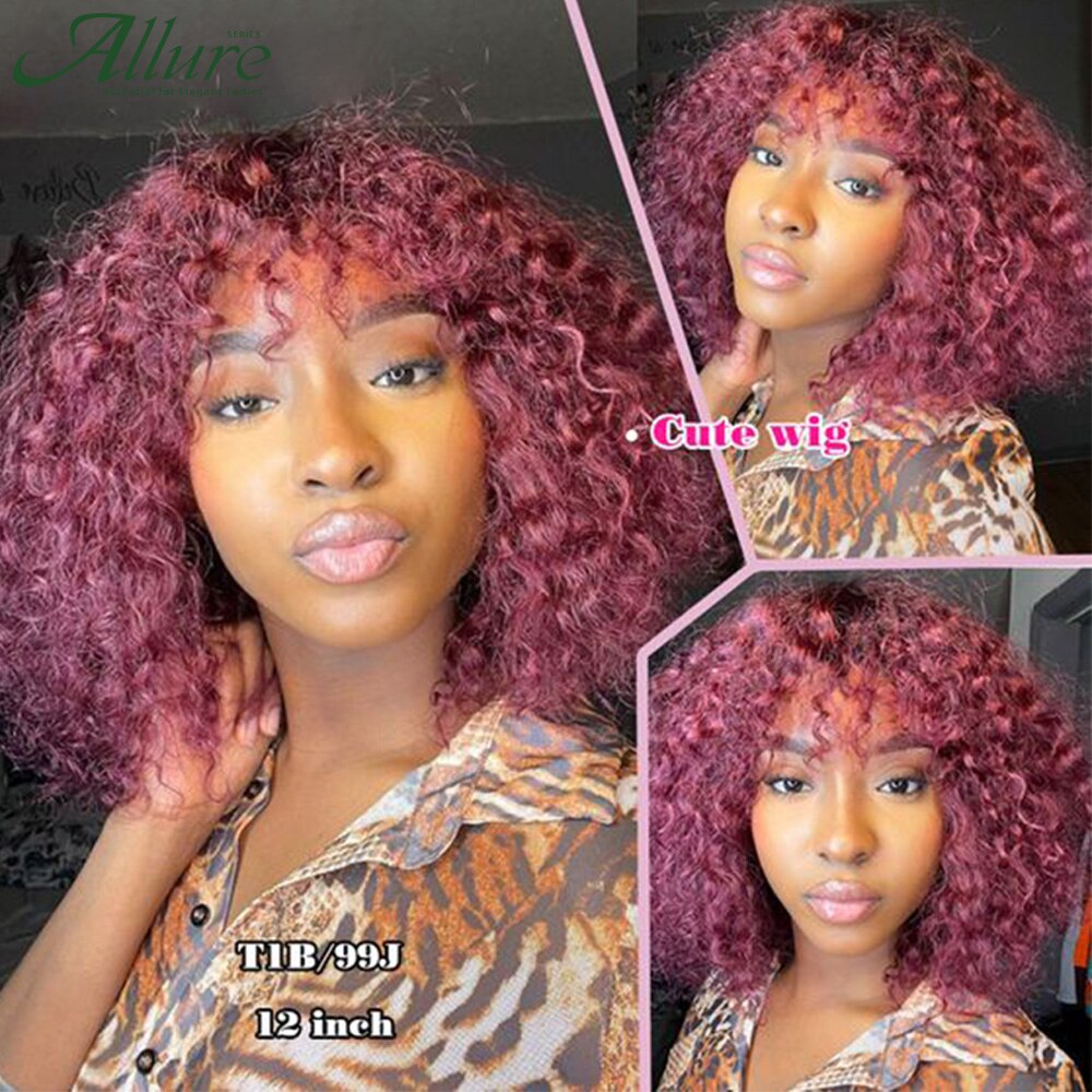 Short 99J Jerry Curly Bob Human Hair Wig With Bangs Black Women Natural Colored Glueless Kinky Curly Brazilian Hair Wig Allure