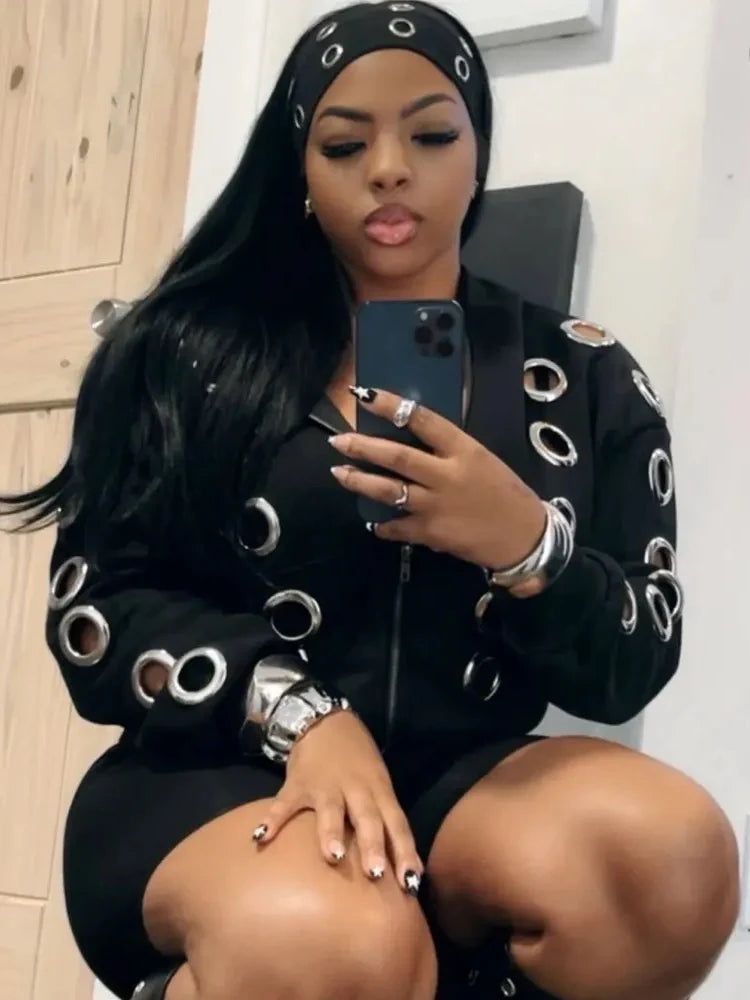 Weird Puss Y2K Hooded Crop Jacket Women Fall Hooded Metal Hollow Skinny Trend Simple Classic High Streetwear Casual Basis Coat