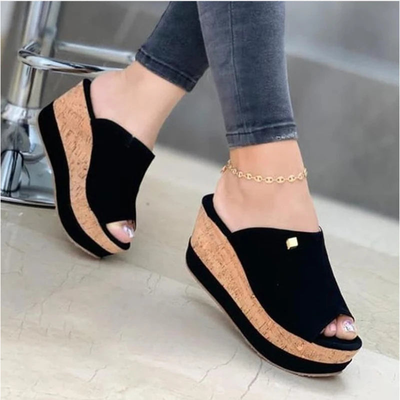 2023Slippers Summer  Wedges  Retro Fish Mouth Large Size Sandals Women High Heel Platform Solid Color Plus Size Shoes Sandalias