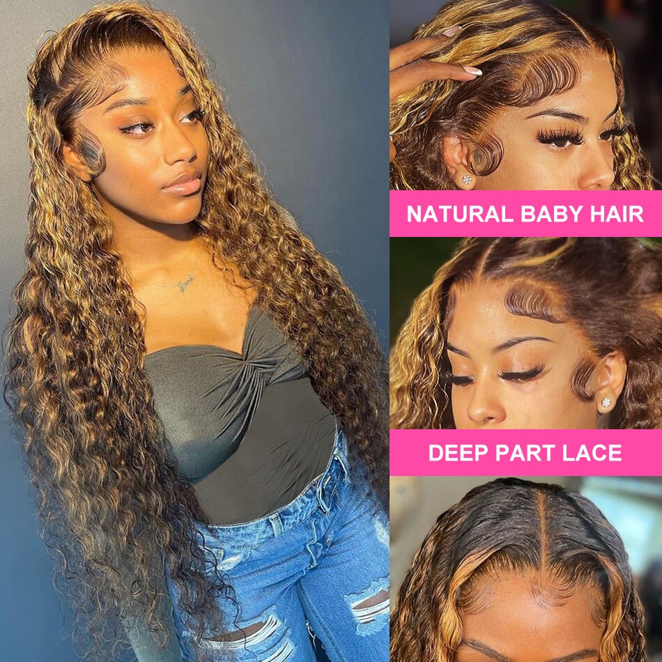 13x4 Highlight Wig Human Hair Wigs For Women Curly Honey Brown 30 Inch Ombre Colored 13x6 Hd Water Deep Wave Lace Frontal Wig