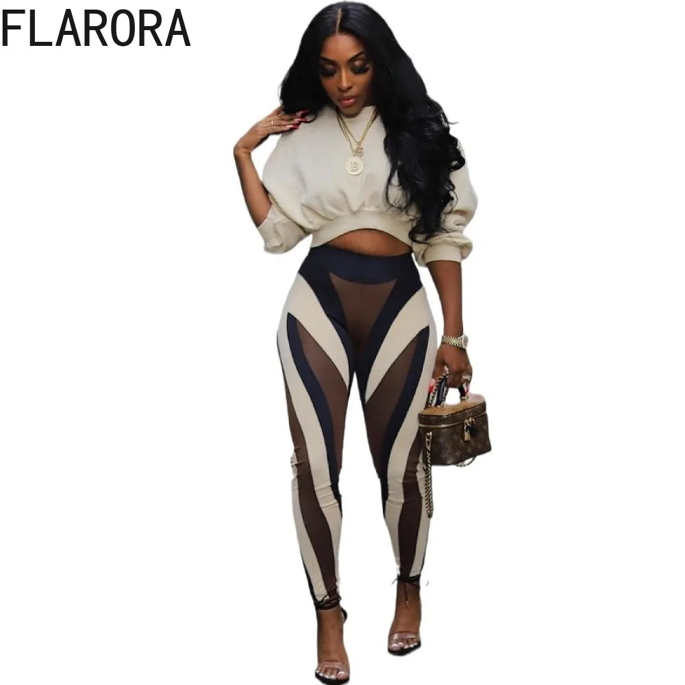 FLARORA Fashion Stripe Print 2 Pcs Sets Woman Round Neck Long Sleeve Crop Tops And Skinny Pants Outfits Fall Street Tracksuits