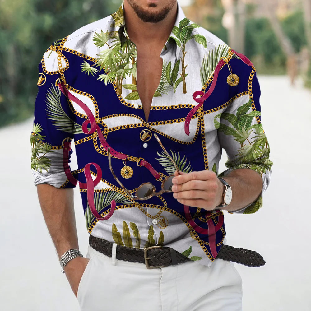 New Luxury Style Print Men's Turn-down Collar Button Shirt Casual Long Sleeve Shirt Fashion Streetwear Trend Tops Comfortable