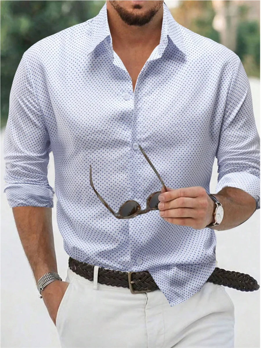 Men's shirt button-up shirt summer shirt blue long-sleeved polka dot lapel outdoor streetwear fashion casual comfortable S-5XL