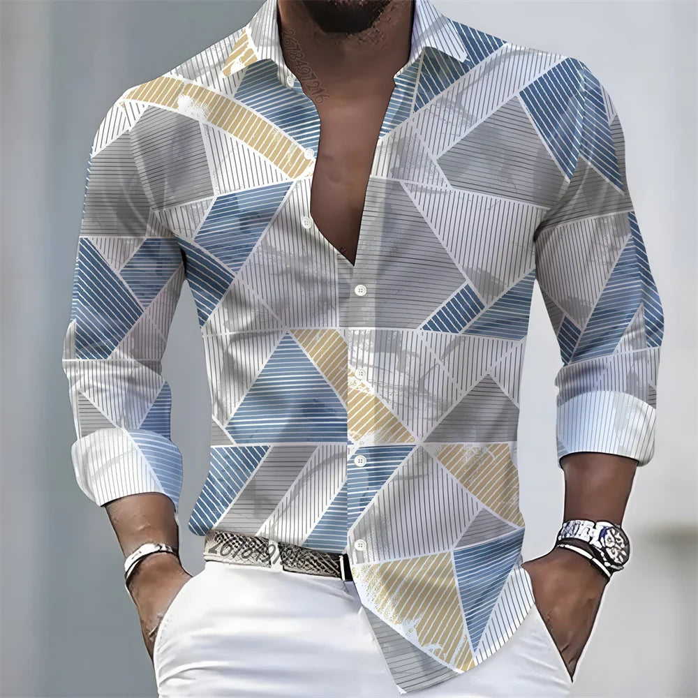 New men's artistic printed long-sleeved shirt, retro color-blocked design, casual shirt, versatile and stylish top for commuting