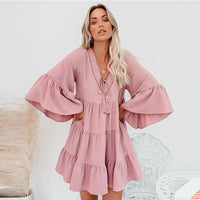 2023 Pregnant Woman Summer Clothes Sweet Short Flare Sleeve V-neck High Waist Maternity Chiffon Dress Korean Style A-line Dress