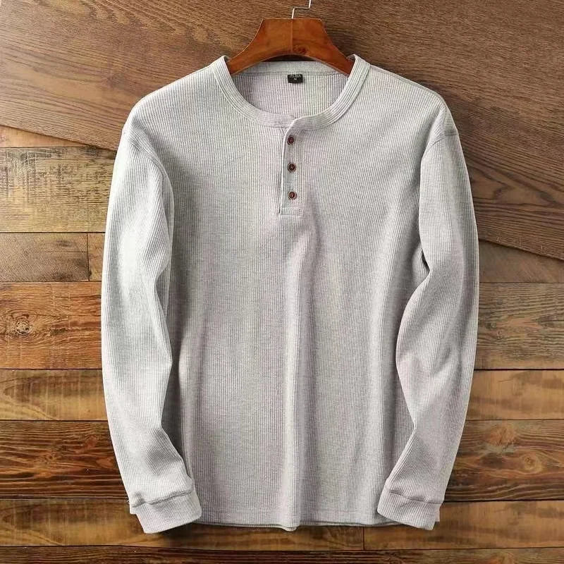 Slim Fit Mens Basic Tee Casual Tshirts Henley Waffle Long Sleeve Shirts Thermal Solid Half Button Breathable Cotton Shirts
