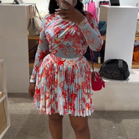 New African Fashion Women Dress set Leaf Print Long Sleeve O-neck Wrap Front Pleated Dress Vacation Party Birthday Dresses
