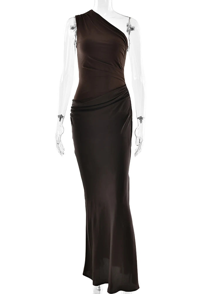 JULISSA MO Patchwork Satin Sexy One Shoulder Women Maxi Dress Brown Sleeveless Evening Dress Summer Slim Elegant Party Clubwear