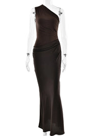 JULISSA MO Patchwork Satin Sexy One Shoulder Women Maxi Dress Brown Sleeveless Evening Dress Summer Slim Elegant Party Clubwear
