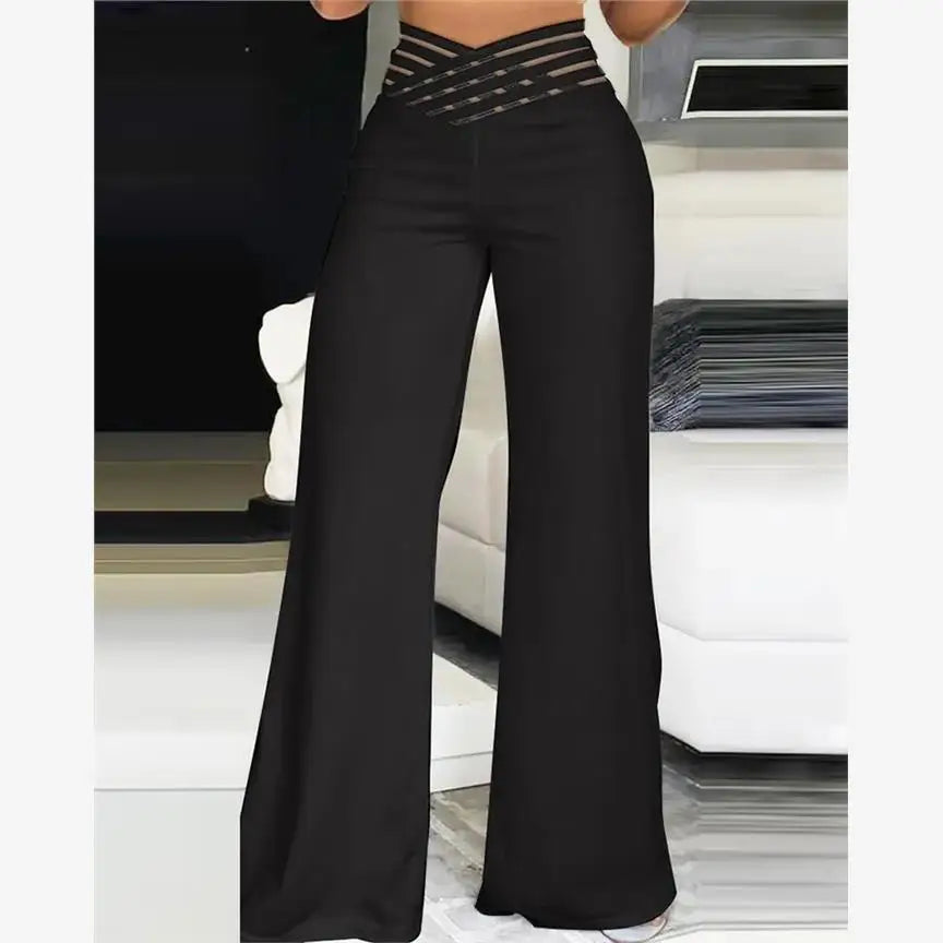 High Waist Sheer Mesh Patch Wide Leg Pants Women's Casual Trousers Polyester Long Pants Versatile Style Regular Thickness