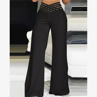 High Waist Sheer Mesh Patch Wide Leg Pants Women's Casual Trousers Polyester Long Pants Versatile Style Regular Thickness