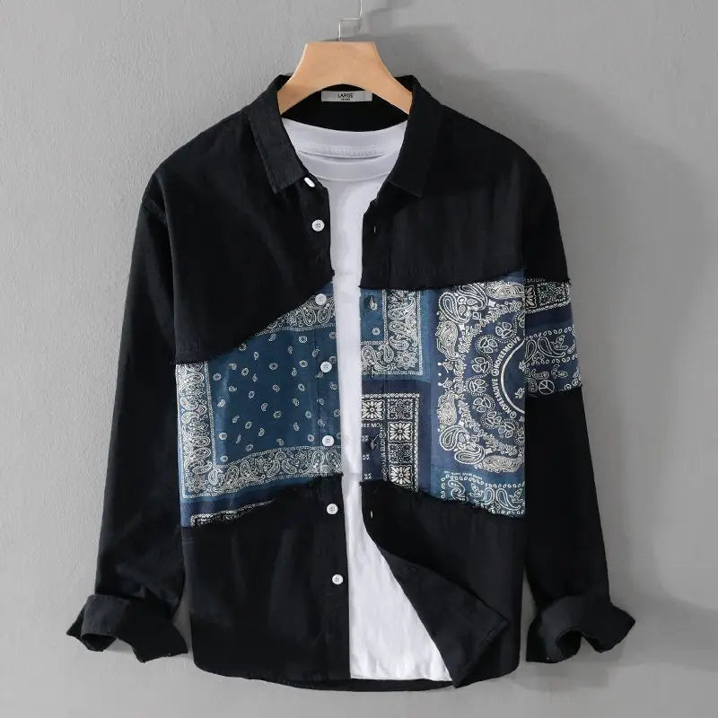 Spring Autumn New Fashion Turn-down Collar Long Sleeve Patchwork Printin Blouse Men's Clothing Casual Korean Button Loose Shirts