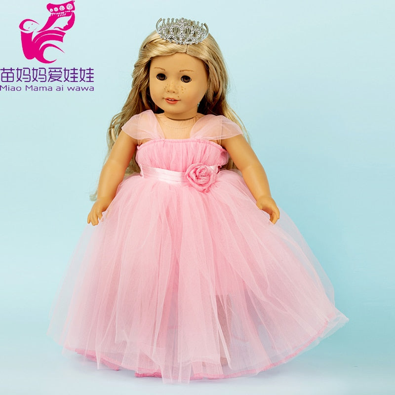 18 Inch Dolls Pink Wedding Dress with Crown for 43cm Baby Doll Dress for 18" American Og Girl Doll Clothes