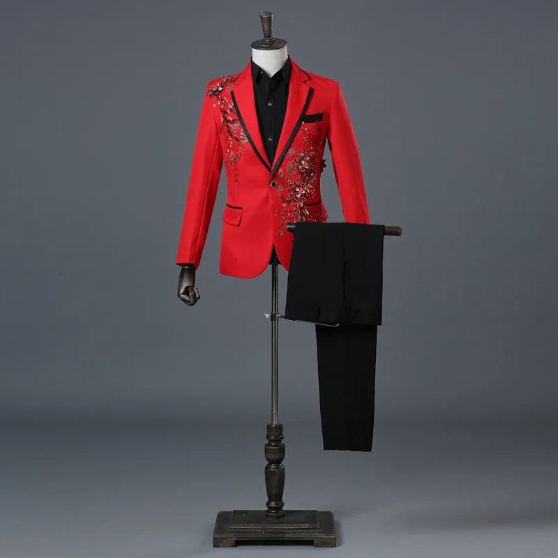 Temperament Gentleman Men's Suit Set Fashion Three Dimensional Marquetry Diamante Evening Dress Gorgeous Slim Groomsman Suits