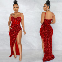 Women Mesh Patchwork High Side Split Sequin Bodycon Midi Backless Maxi Long Dress Sexy Night Party Spaghetti Strap Dress