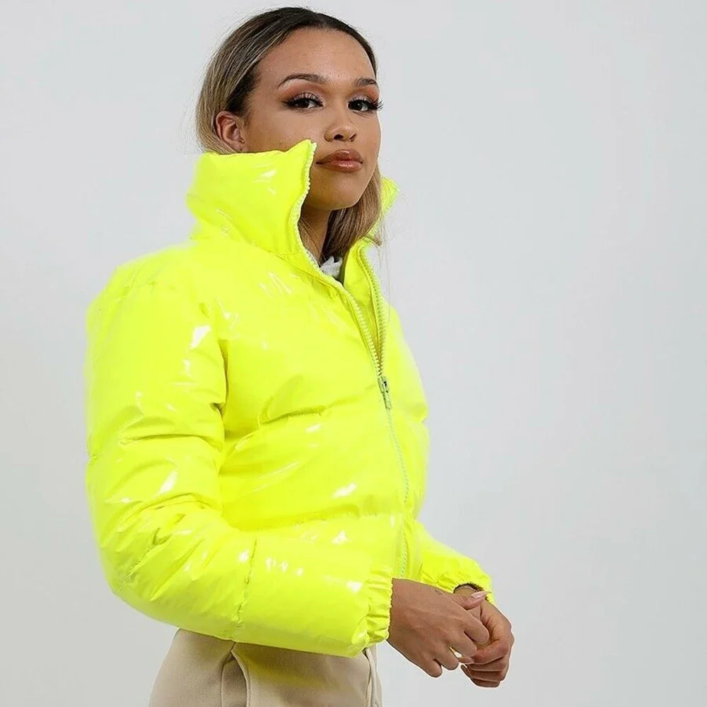 Winter Women Shiny Leather Puffer Jacket Cropped Parka Down Warm Thick Bubble Coats Black PU Leather Parkas Loose Zipper Jackets