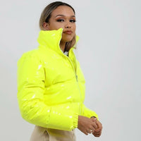 Winter Women Shiny Leather Puffer Jacket Cropped Parka Down Warm Thick Bubble Coats Black PU Leather Parkas Loose Zipper Jackets