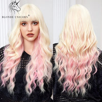 Blonde Unicorn Synthetic Long Wavy Wig Ombre Purple to Blue for Woman Cosplay Halloween Wigs Heat Resistant Fiber Bangs Hair