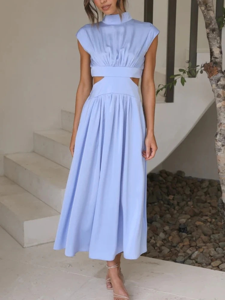 Summer Dresses 2025 Mock Neck Sleeveless Cutout White Maxi Dresses A-Line Elegant Pockets Casual Party Hollow Out Long Dress