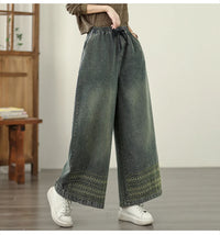 Jeans Women 2025 Autumn New Jeans Retro Heavy Industry Embroidery Ethnic Style Elastic Waist Casual Oversized Wide Leg Pants