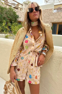 Fashion Printed 2 Piece Set Loose Lapel Long Sleeve Single Breasted Shirt Elastic Waist Shorts Set Women Casual Vacation Suit