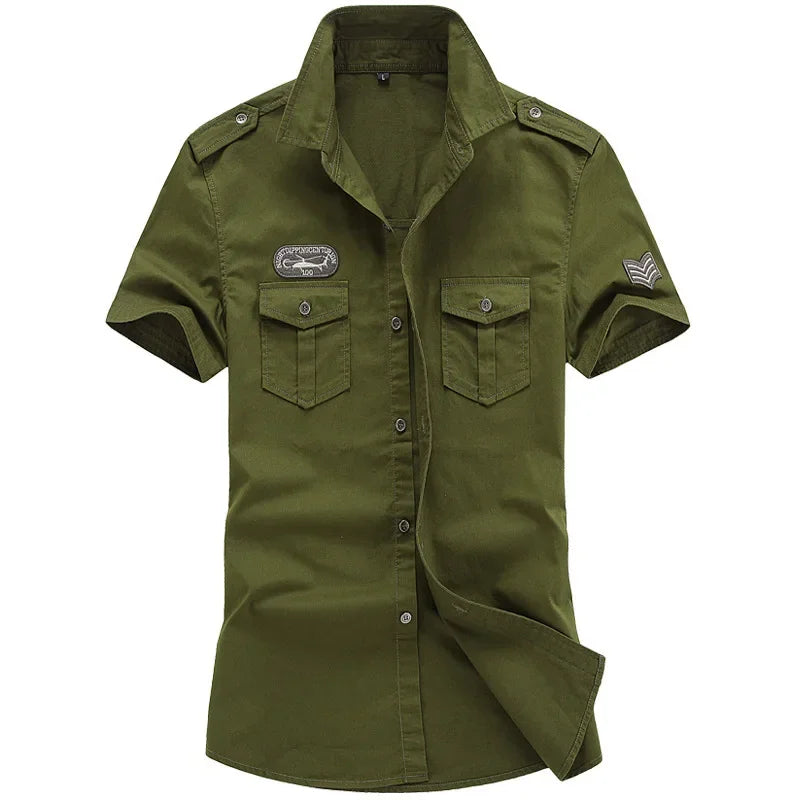 2023 New Mens Military Shirt Men Short Sleeve Cargo Shirts 100% Cotton Casual Solid Shirt Male Pocket Work Shirt