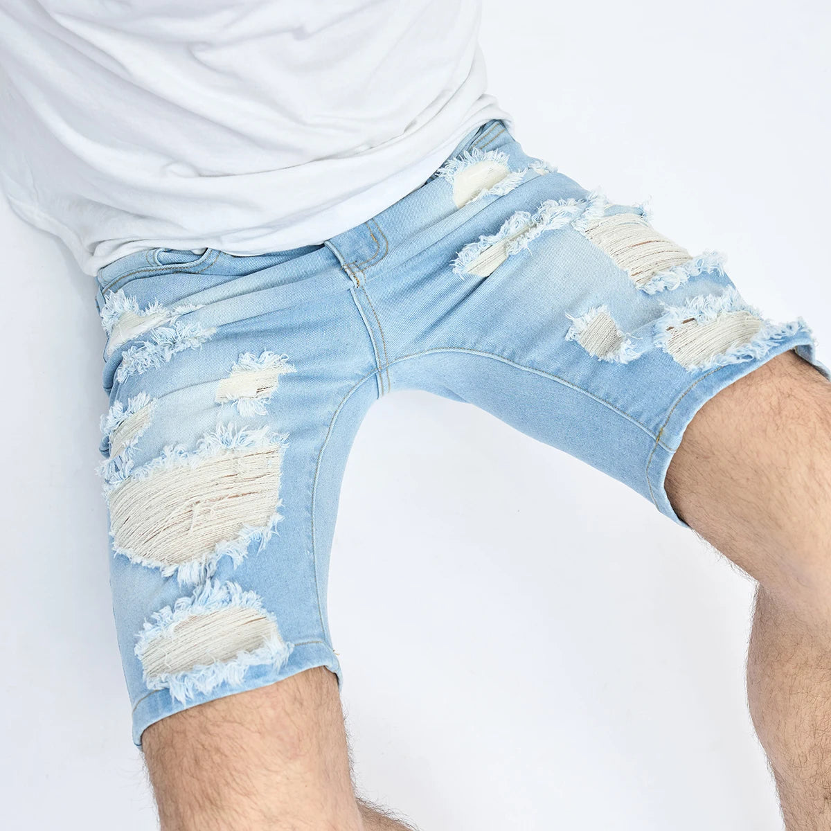 Yollmart Men's Ripped Distressed Denim Shorts – Light Blue Straight Fit Jeans Shorts (Size 38)