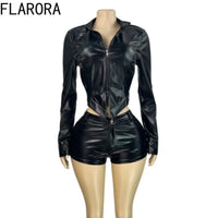 FLARORA Vintage Moto PU Leather 2 Pcs Sets Woman Lapel Long Sleeve Zip Crop Jackets And Skinny Shorts Y2k Street Bike Tracksuits