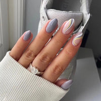 24Pcs Long Round Head Black Glod Line Press On Nail Art Removable Fake Nails With Glue Full Cover Waterproof False Nails