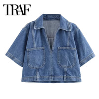 MUJER Blue Denim Shirt Woman Short Sleeve Cropped Shirt Women Summer Short Tops Woman Streetwear Y2k Stylish Women's Blouses
