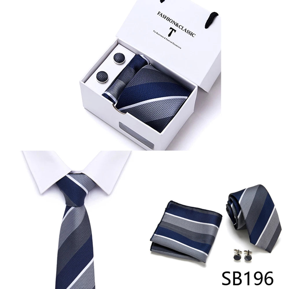 High Quality 7.5 cm Stripe Blue Tie Pocket Square Cufflinks Set For Men Gift Box Wedding Gravatas Fit Workplace