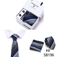 High Quality 7.5 cm Stripe Blue Tie Pocket Square Cufflinks Set For Men Gift Box Wedding Gravatas Fit Workplace