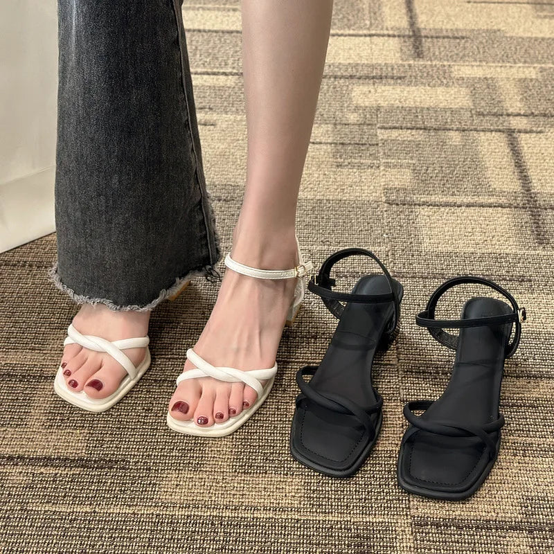 Sandals, 2024 Summer New Fashion Gentle Retro Chunky Non-slip Sandals, A Line with 5cm High Heels Summer Beach Sandals